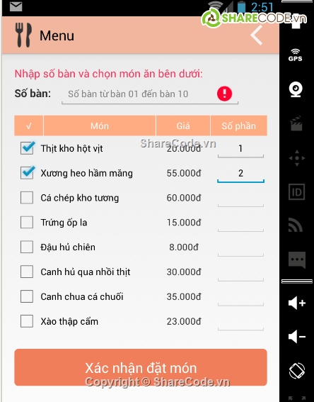 Free Androi Quản lý đặt món ăn full Báo cáo